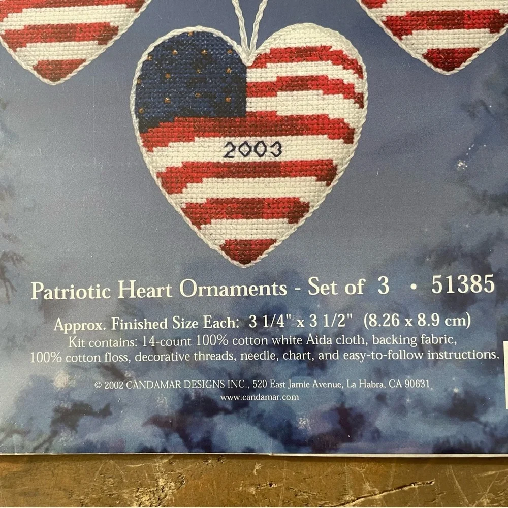 Candamar Designs 2002 Counted Cross Stitch Three Patriotic Heart Ornament #51385